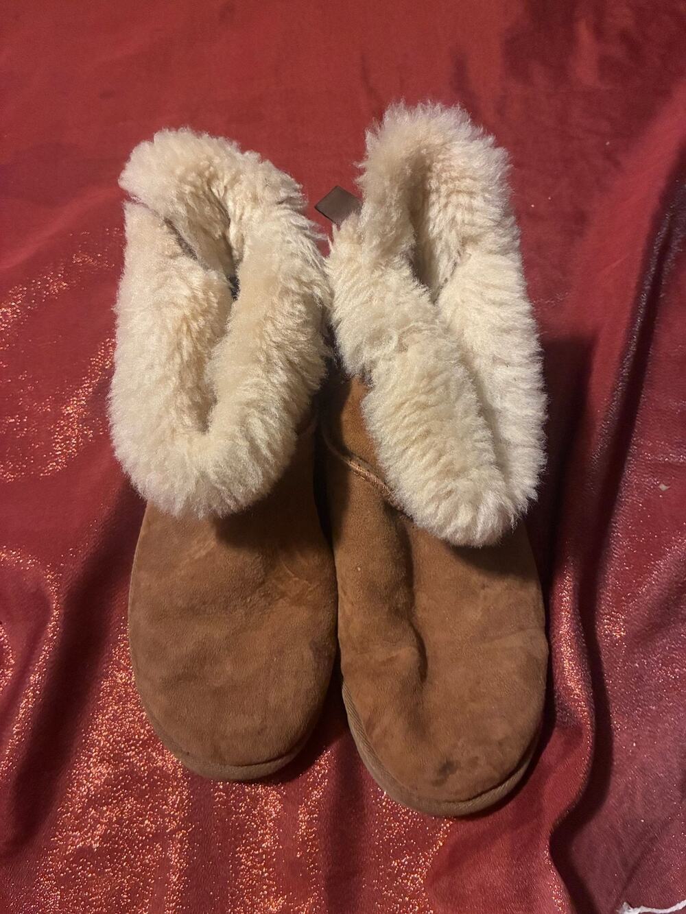 UGG Boots Womens Brown Suede Sheepskin Fur Cuff Back Bow Bootie Cozy Winter